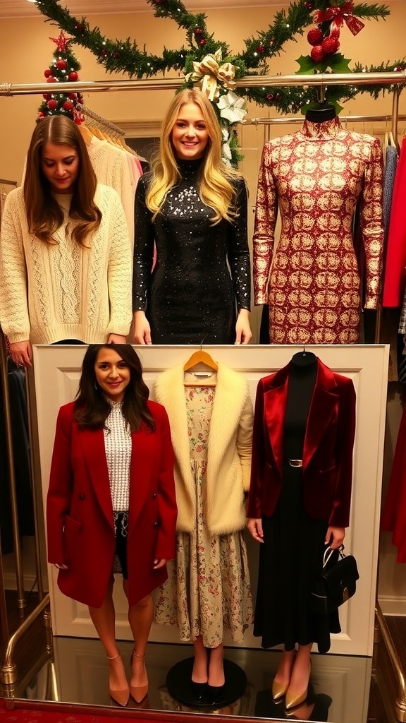 Festive Christmas Outfit Trends A collection of trendy Christmas outfits including knitwear, sequins, and velvet in a festive setting.